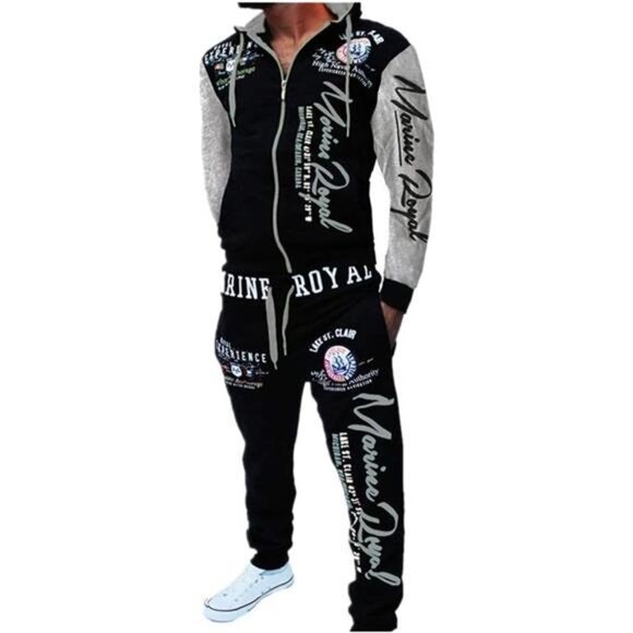 Men's Casual Tracksuit Hooded Full Zip Elastic Waistband Sweatsuit Set - Picture 1 of 7